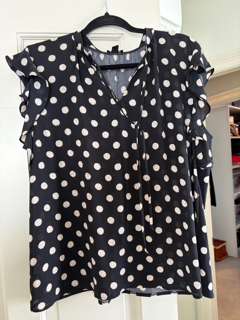 Ann Taylor Black Polka Dot Ruffle Sleeve Blouse Size L